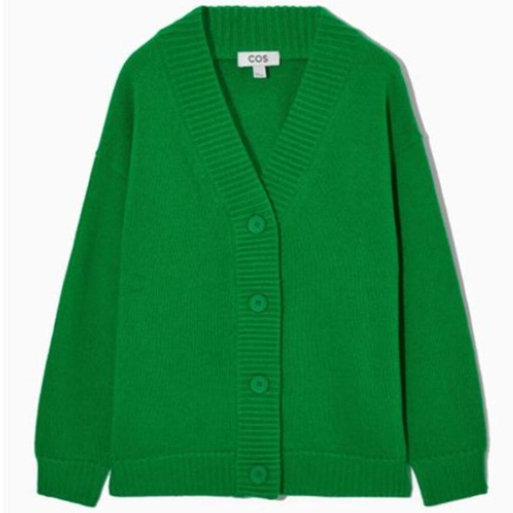 COS 100% Wool Oversized V-Neck Cardigan Sweater in Bright Kelly Green Size Small - Picture 2 of 8
